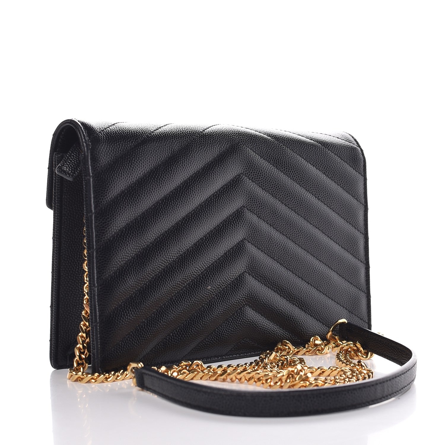 Saint Laurent Grain De Poudre Matelasse Chevron Monogram Envelope Chain Wallet Black 3 of 8