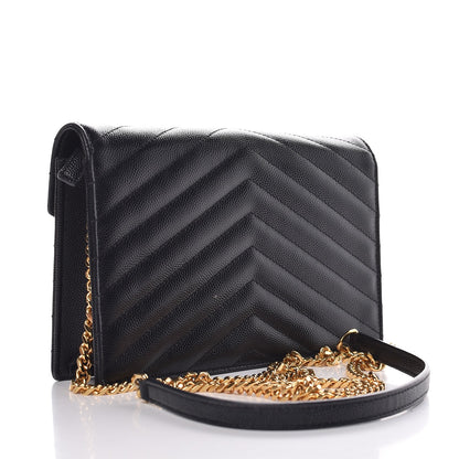 Saint Laurent Grain De Poudre Matelasse Chevron Monogram Envelope Chain Wallet Black 3 of 8
