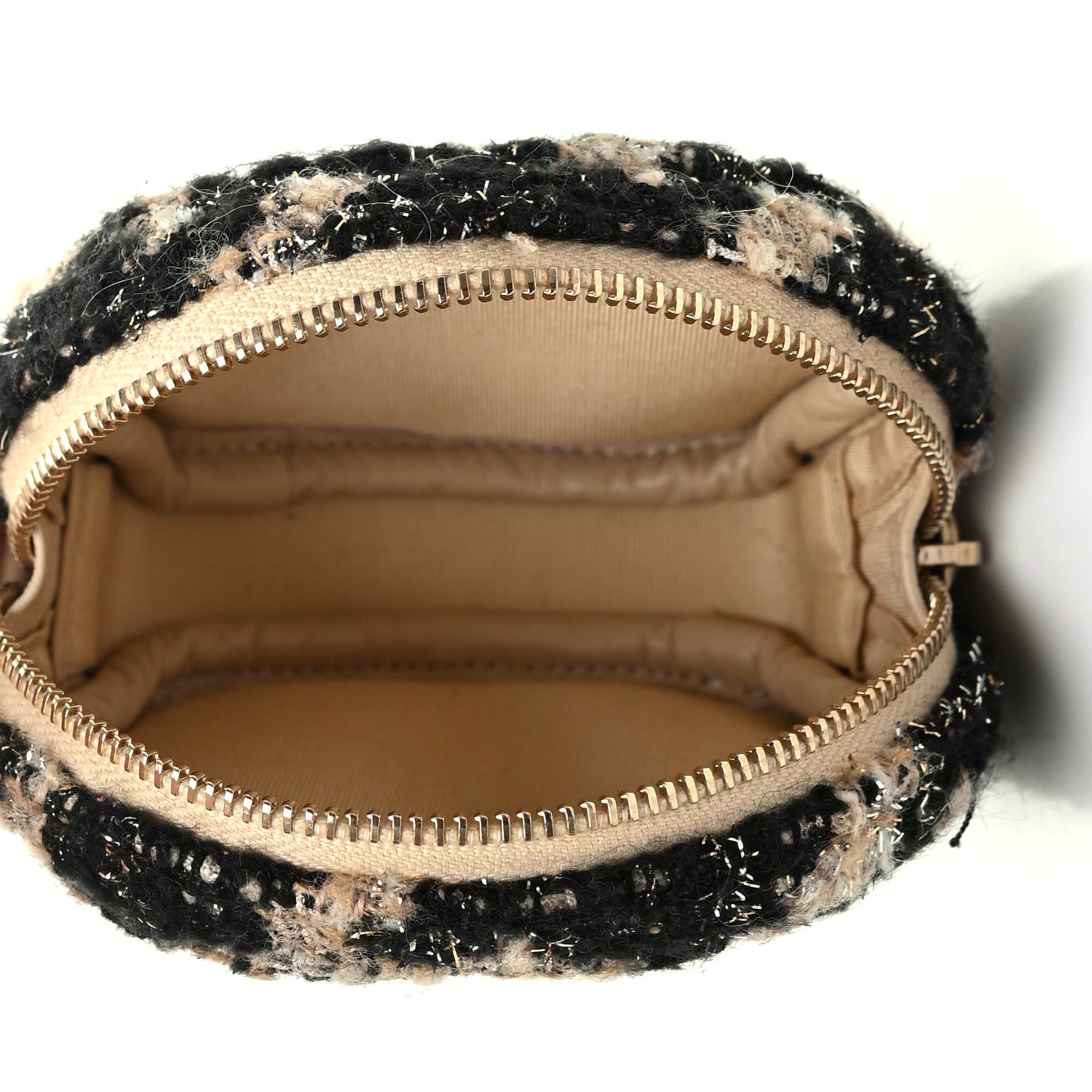 Wool Tweed Quilted Round Clip On Coin Purse Beige Black