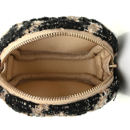 Chanel Wool Tweed Quilted Round Clip On Coin Purse Beige Black 5 of 6