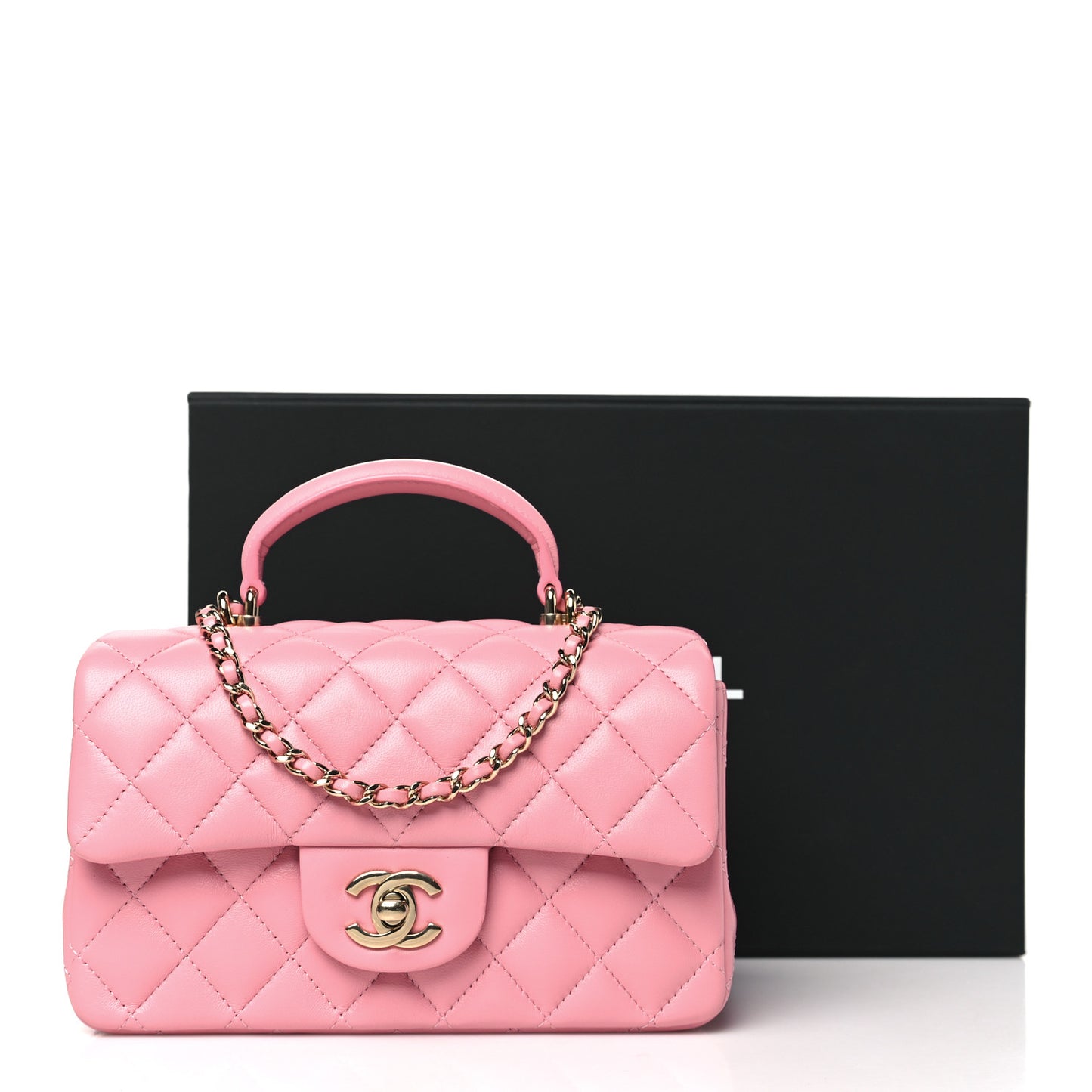 Lambskin Quilted Mini Top Handle Rectangular Flap Pink