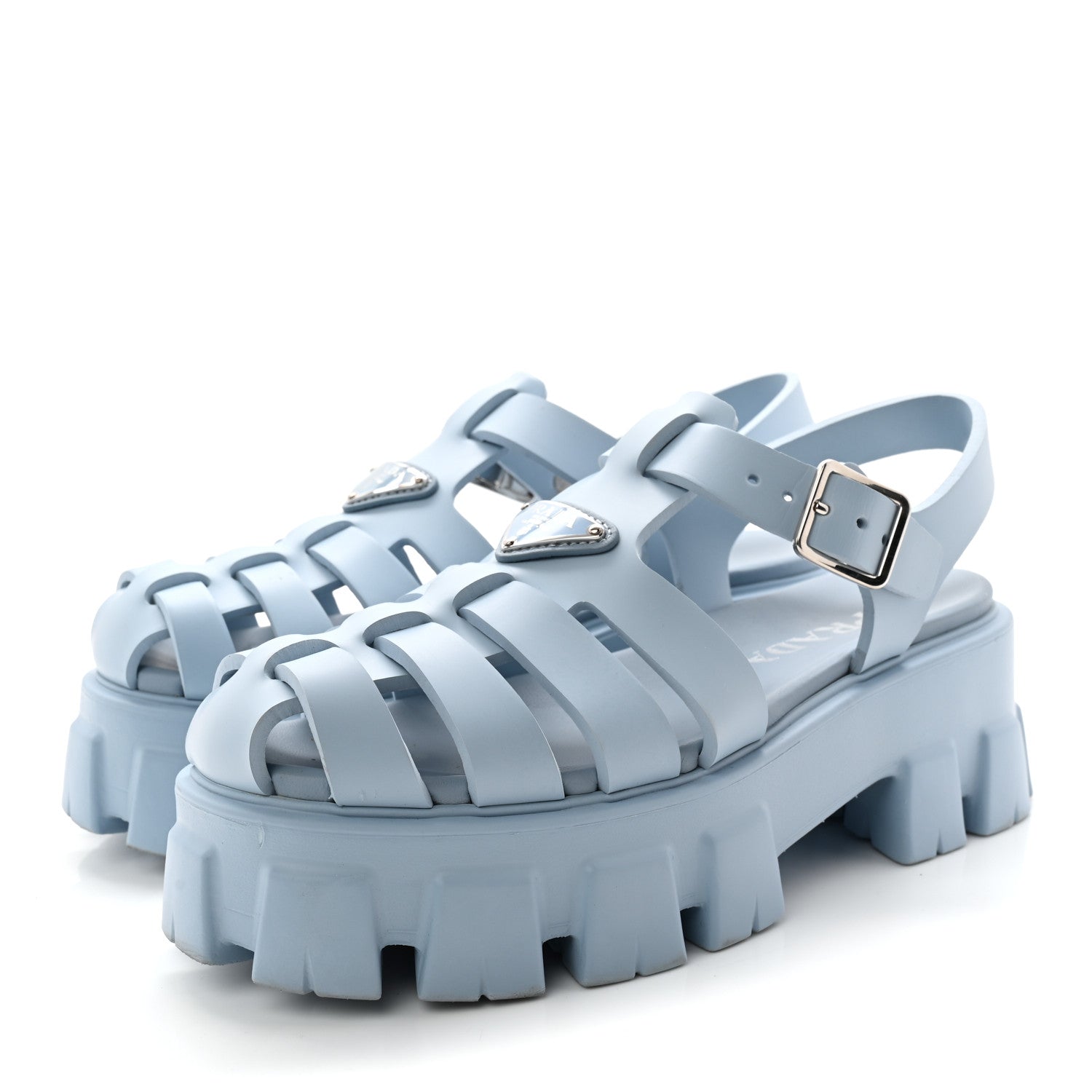 Prada Foam Rubber Metal Triangle Logo Monolith 55mm Cage Sandals 39 Cielo 3 of 10