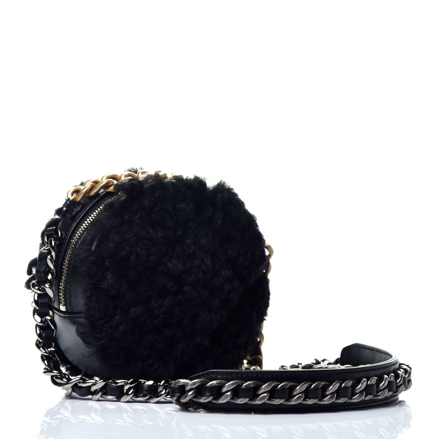 Shearling Sheepskin Chanel 19 Round Clutch With Chain Black