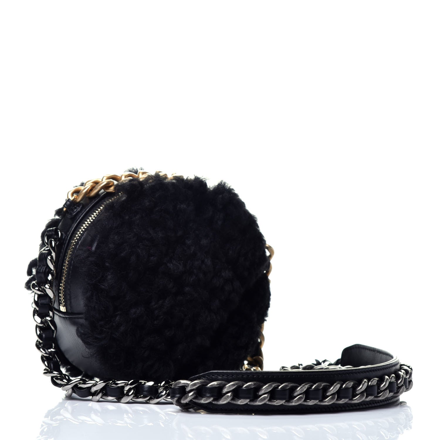 Chanel Shearling Sheepskin Chanel 19 Round Clutch With Chain Black 3 of 9