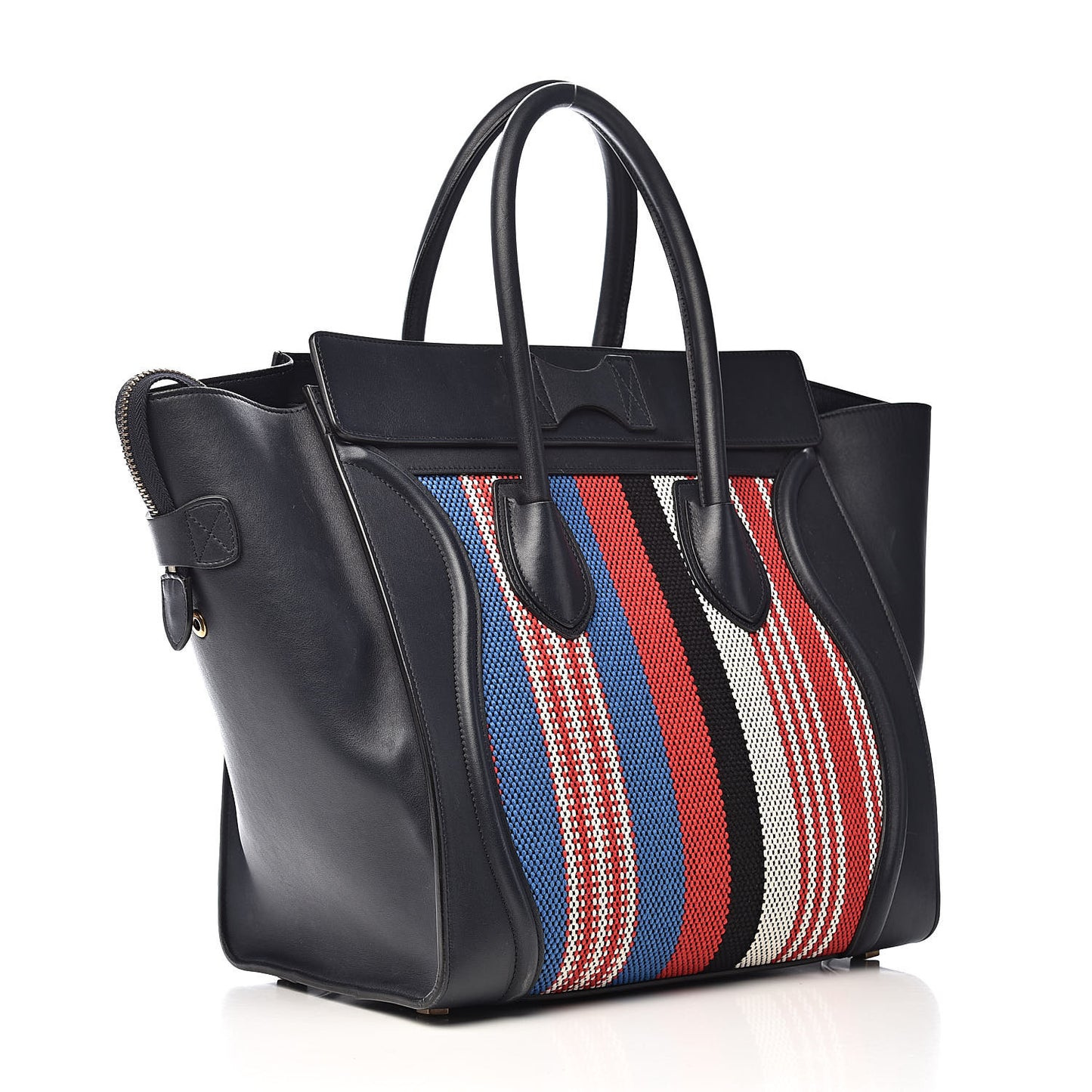 Smooth Calfskin Striped Cotton Canvas Mini Luggage Navy Blue