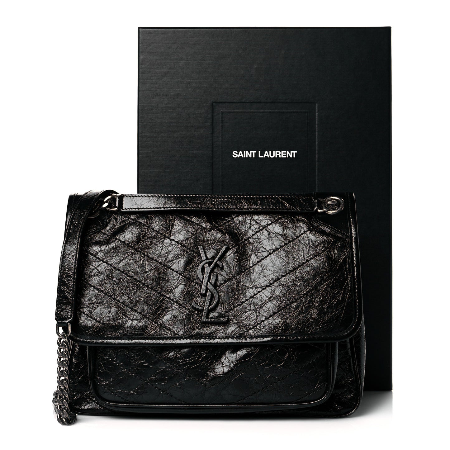 Crinkled Calfskin Matelasse Monogram Medium Niki Chain Satchel Black