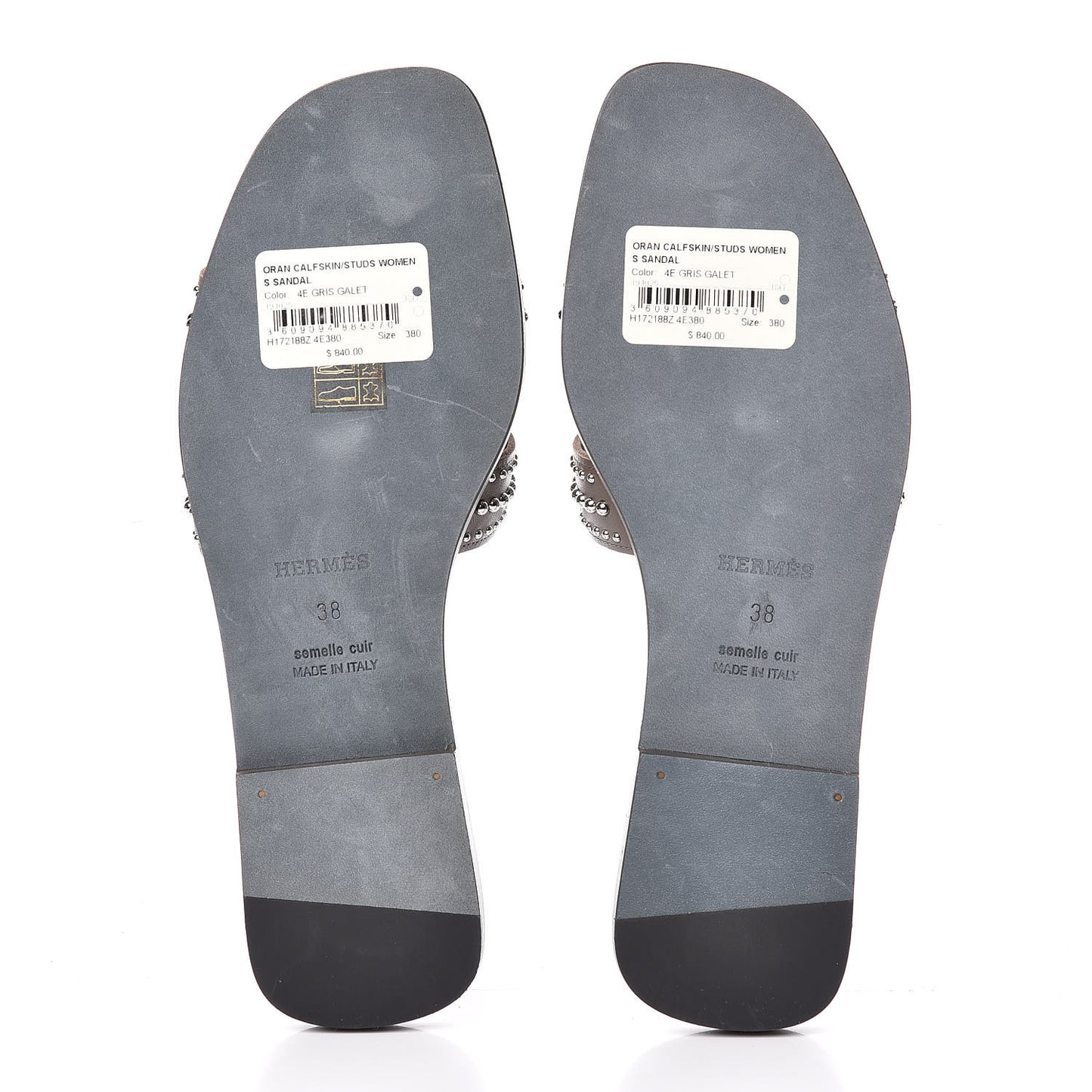Calfskin Studded Oran Sandals 38 Gris Galet