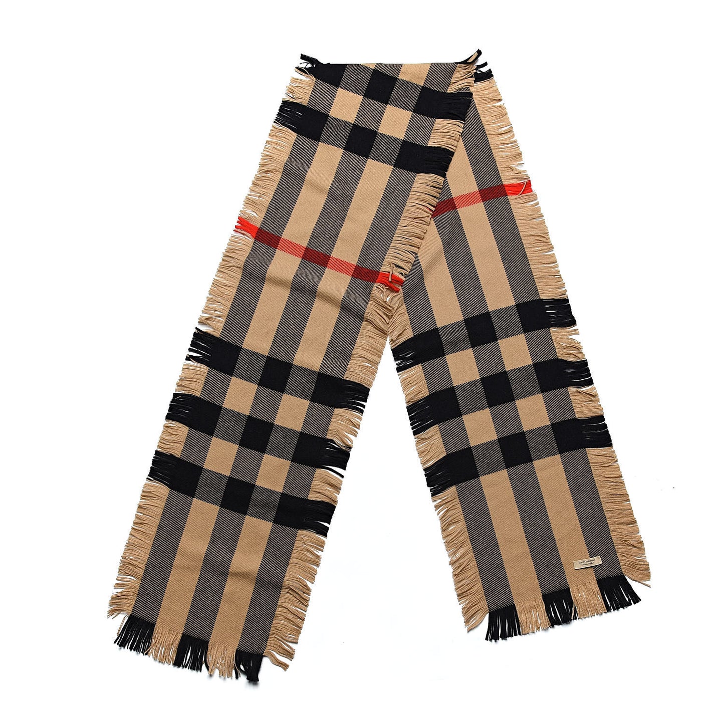 Wool Half Mega Check Fringe Scarf Camel
