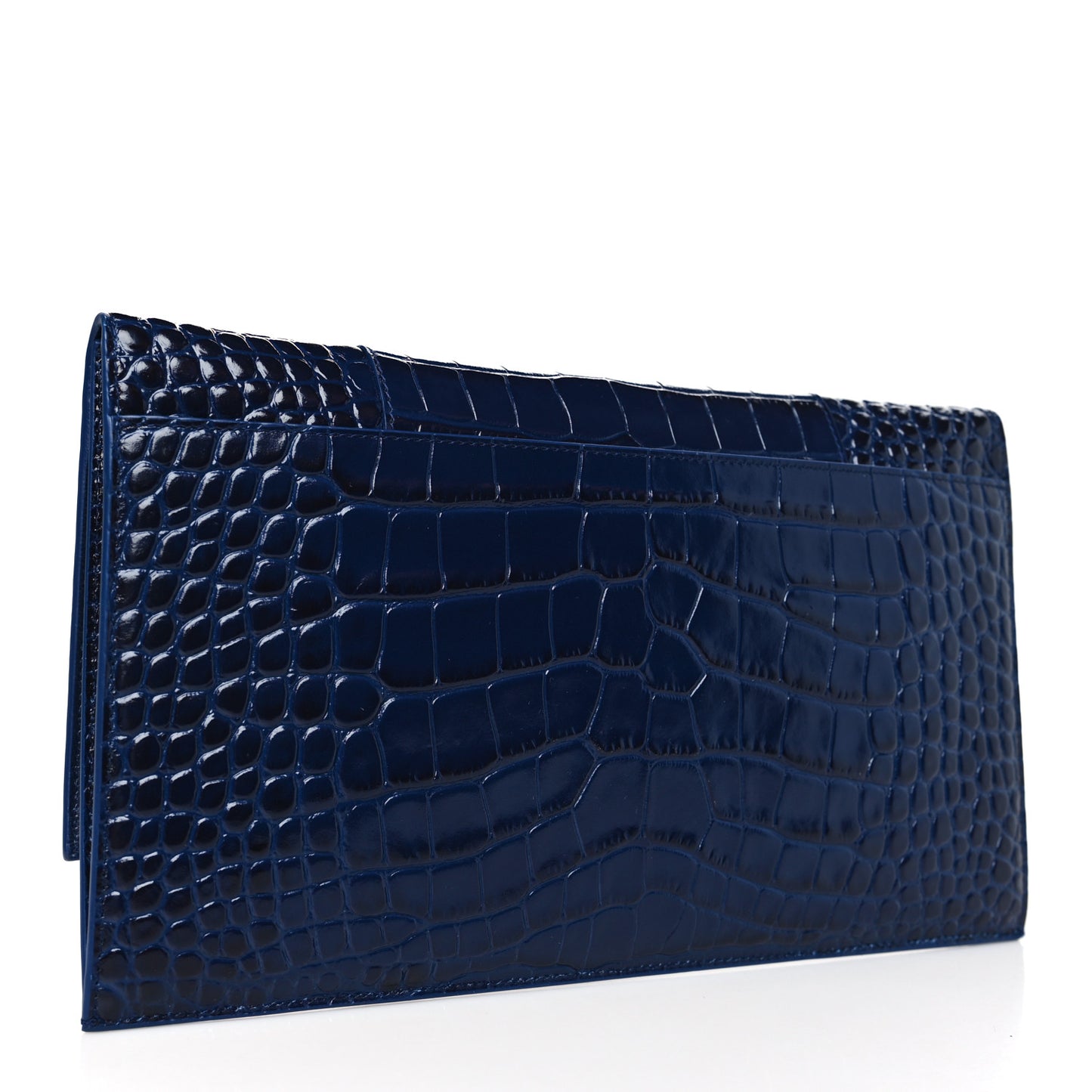 Shiny Calfskin Crocodile Embossed Hourglass Flap Flat Pouch Navy Blue