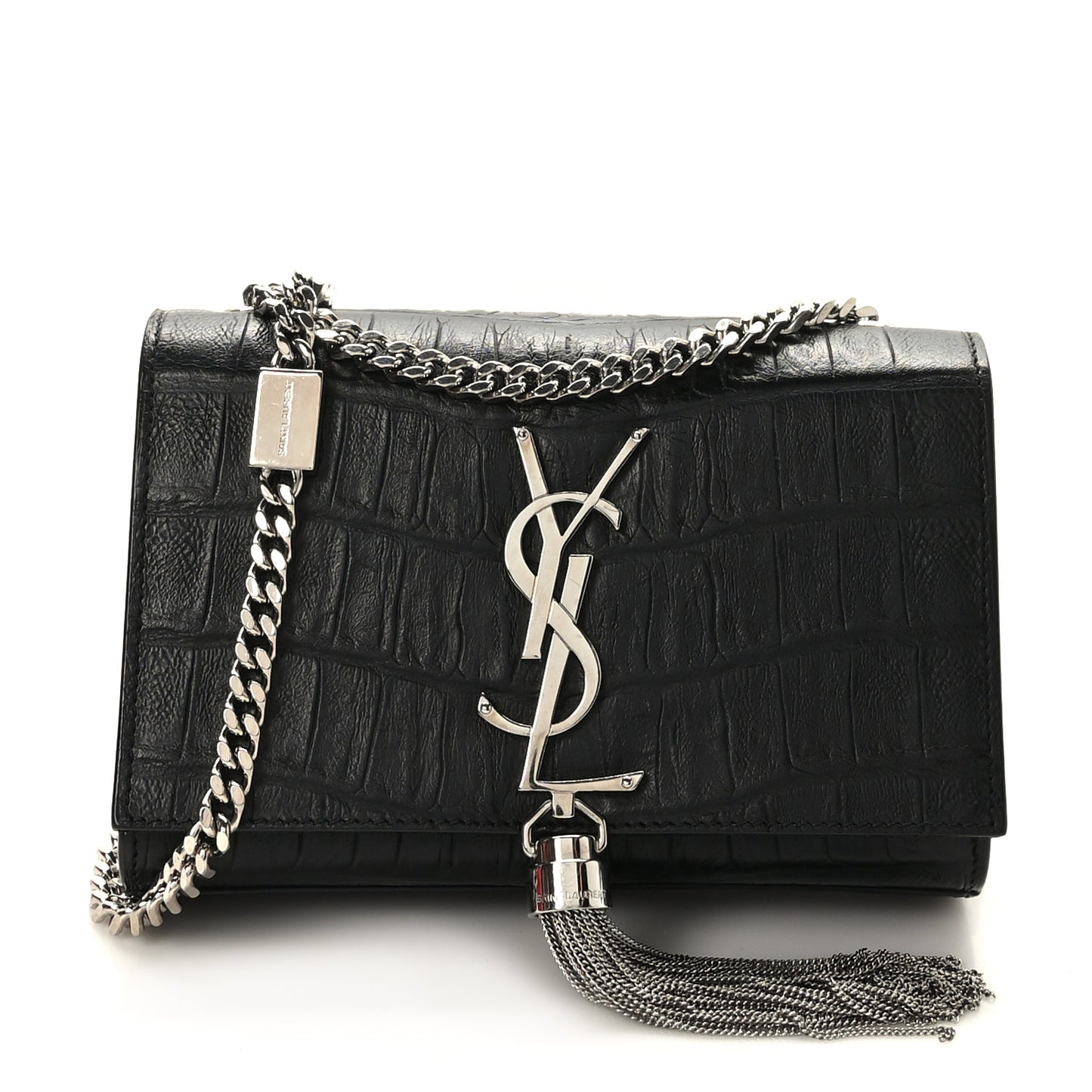 Calfskin Crocodile Embossed Small Classic Monogram Kate Tassel Satchel Black