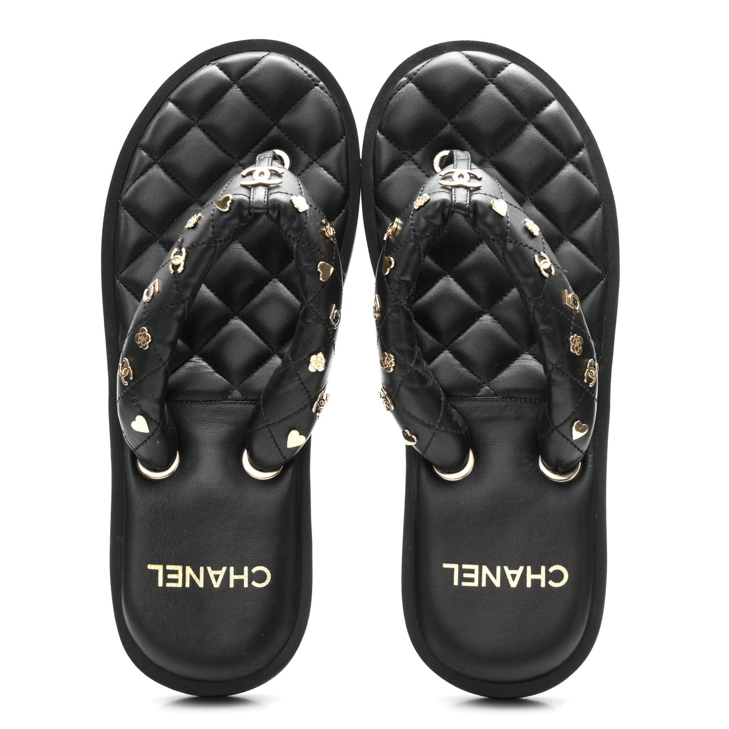 Lambskin Quilted Padded Charms Thong Sandals 41 Black