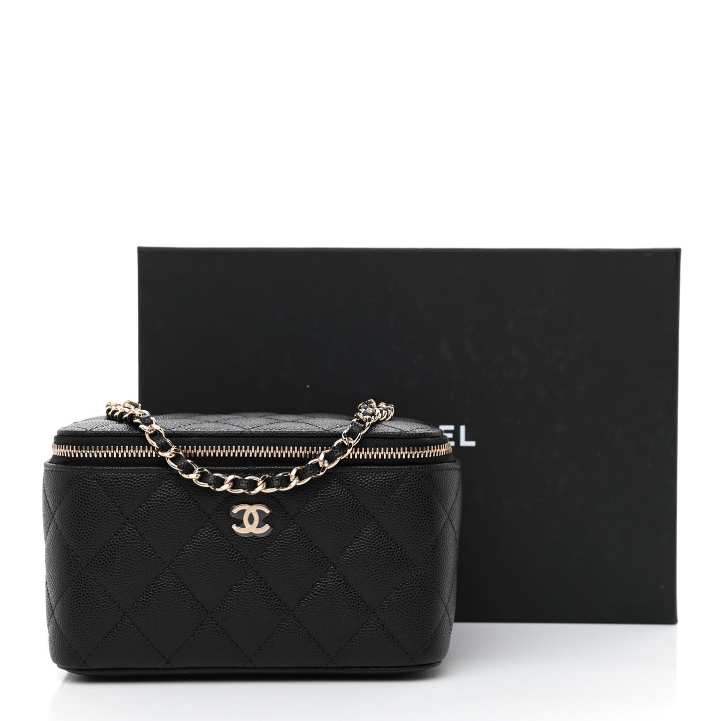 Caviar Quilted Small Vanity Case With Chain Black