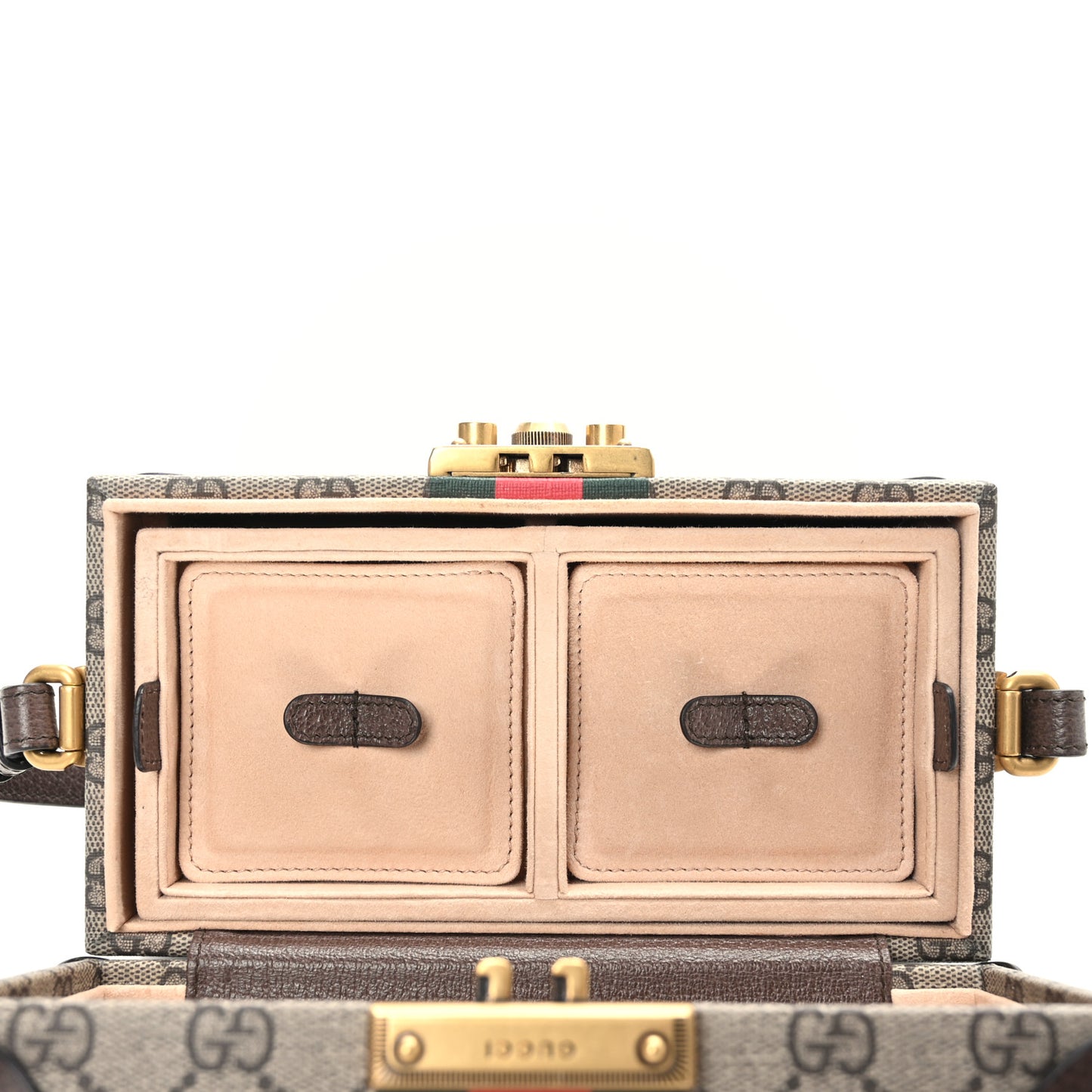 GG Supreme Monogram Textured Dollar Calfskin Web Savoy Jewelry Case Beige Ebony New Acero