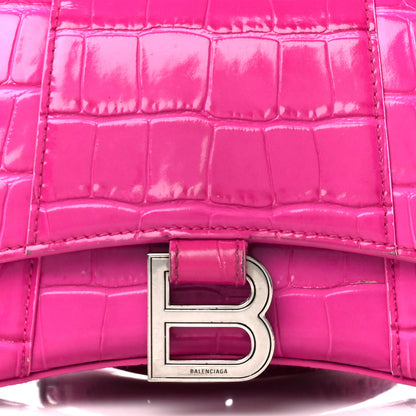 Balenciaga Shiny Calfskin Crocodile Embossed Hourglass Top Handle Bag XS Lipstick Pink 8 of 14