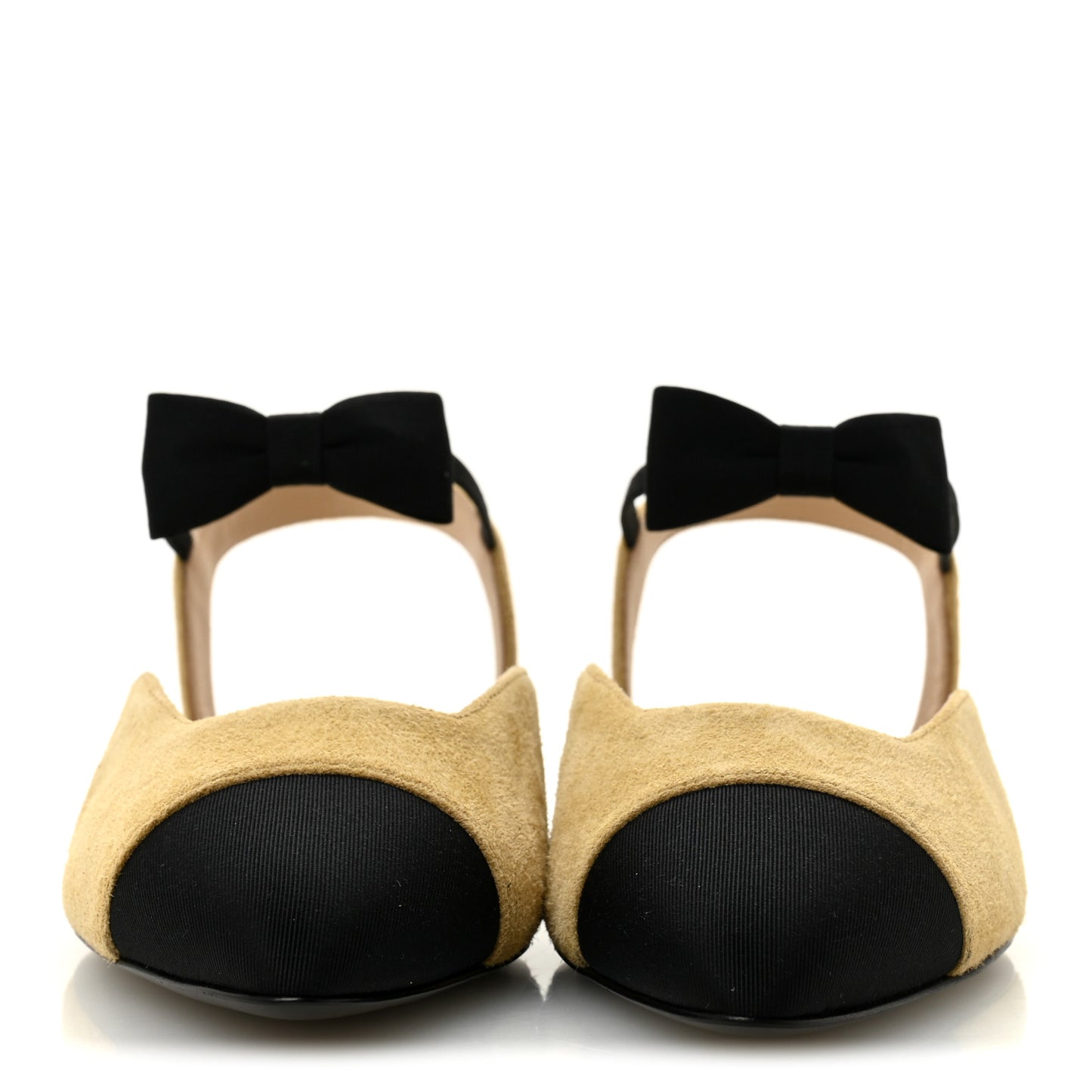 Suede Grosgrain Bow Cap Toe CC Slingback Flats 38 Beige Black