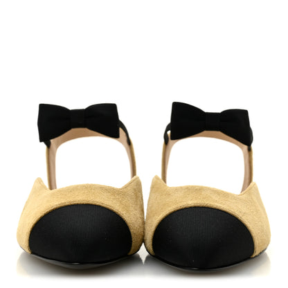 Chanel Suede Grosgrain Bow Cap Toe CC Slingback Flats 38 Beige Black 3 of 10