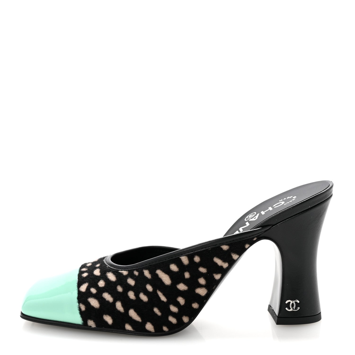 Chanel Pony Hair Lambskin Patent Calfskin Cap Toe Mules 38.5 Black White Green 1 of 10