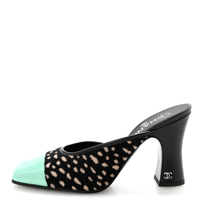 Chanel Pony Hair Lambskin Patent Calfskin Cap Toe Mules 38.5 Black White Green 1 of 10