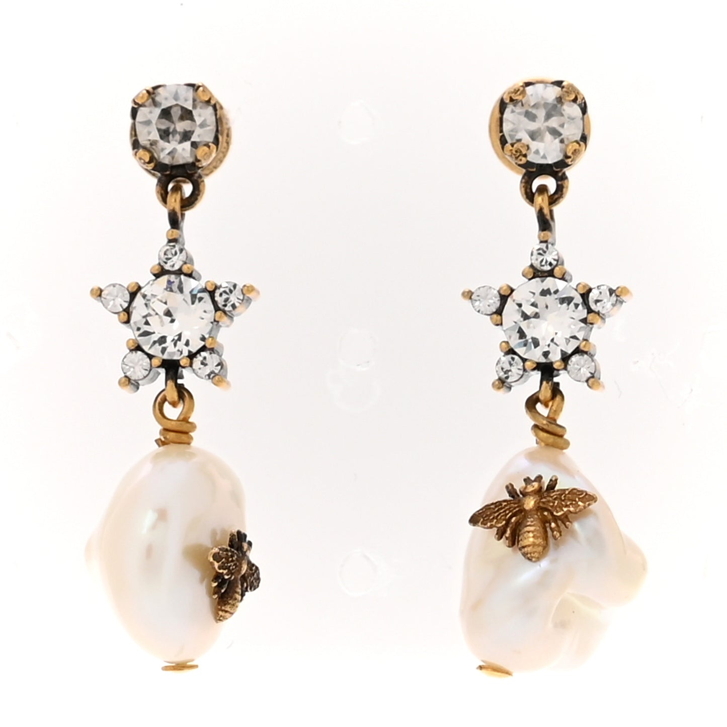 Crystal Pearl Star Bee Earrings Aged Gold