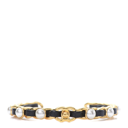 Chanel Lambskin Pearl CC Cuff Bracelet Black Gold 1 of 5