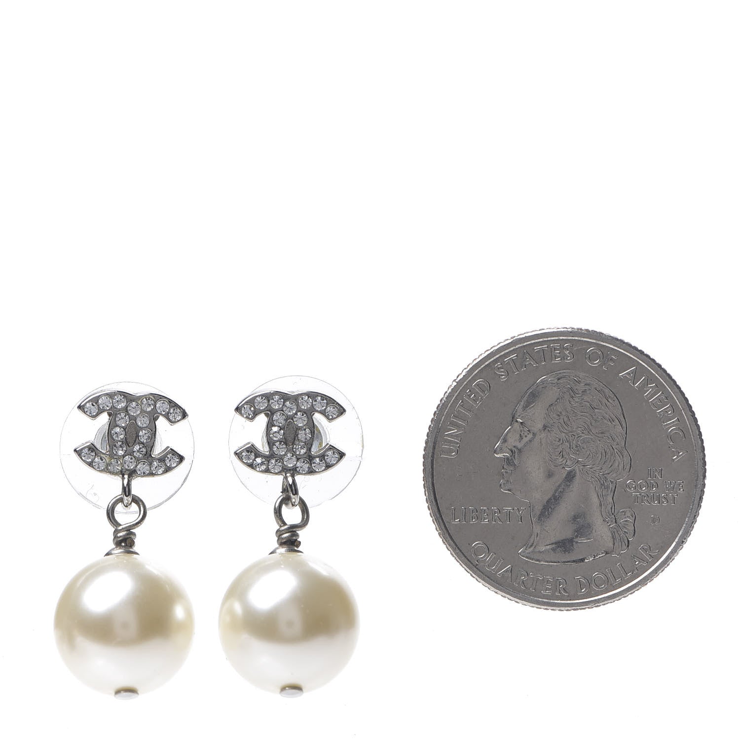 Chanel Crystal Pearl CC Drop Earrings Silver 2 of 5