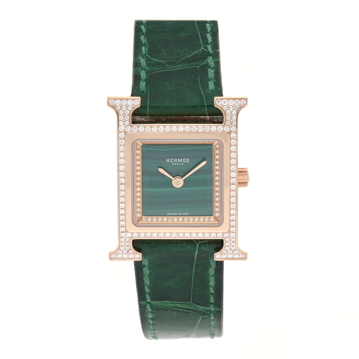 18K Rose Gold Alligator Diamond Bezel Malachite 21mm Heure H Hour Quartz Watch Vert Moyen