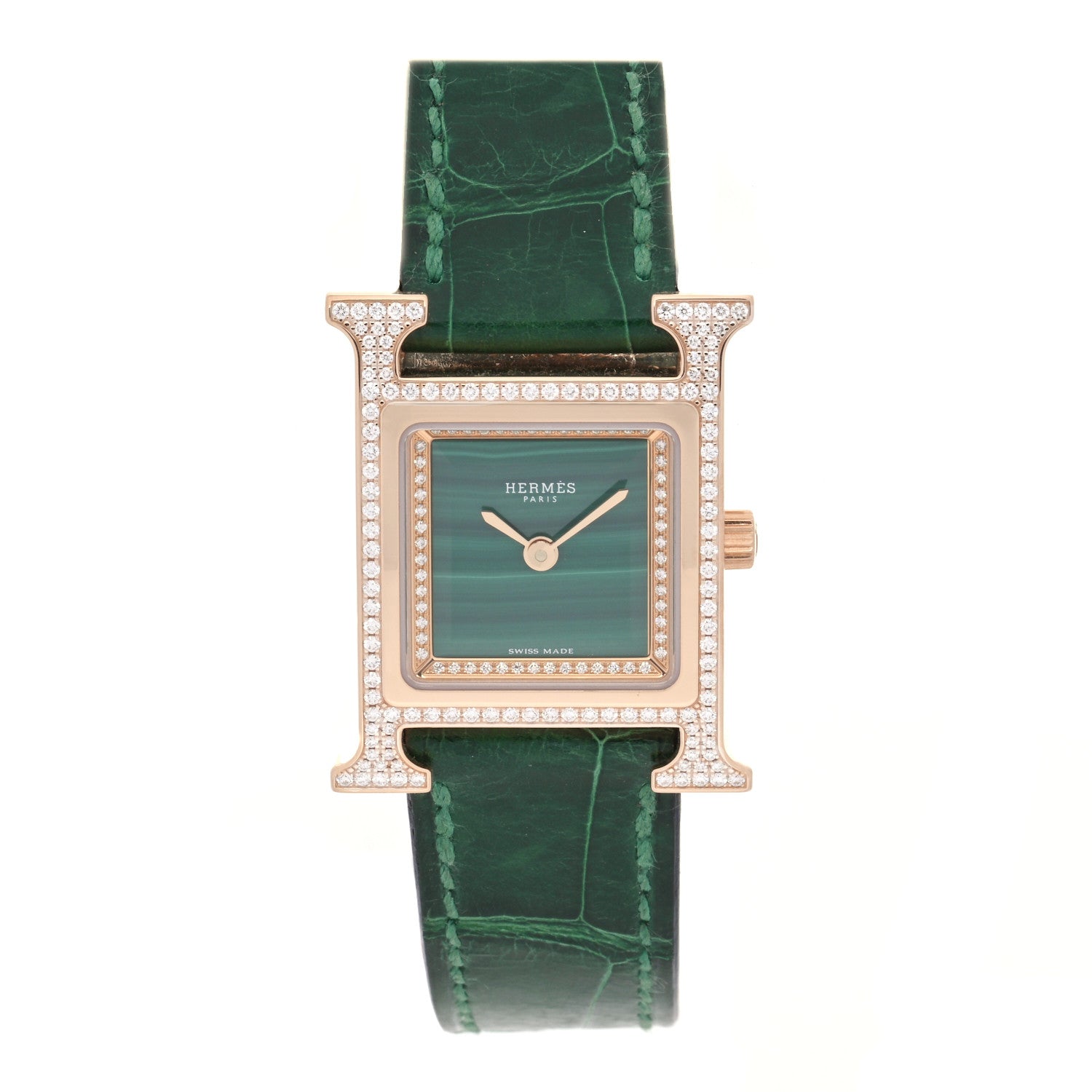 Hermes 18K Rose Gold Alligator Diamond Bezel Malachite 21mm Heure H Hour Quartz Watch Vert Moyen 1 of 5