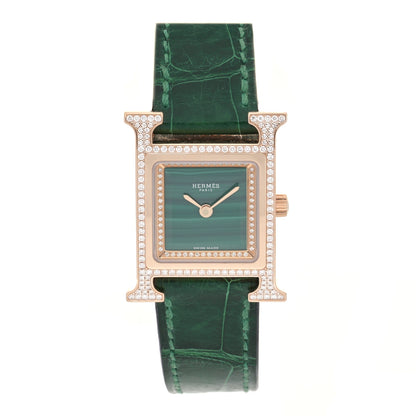 Hermes 18K Rose Gold Alligator Diamond Bezel Malachite 21mm Heure H Hour Quartz Watch Vert Moyen 1 of 5