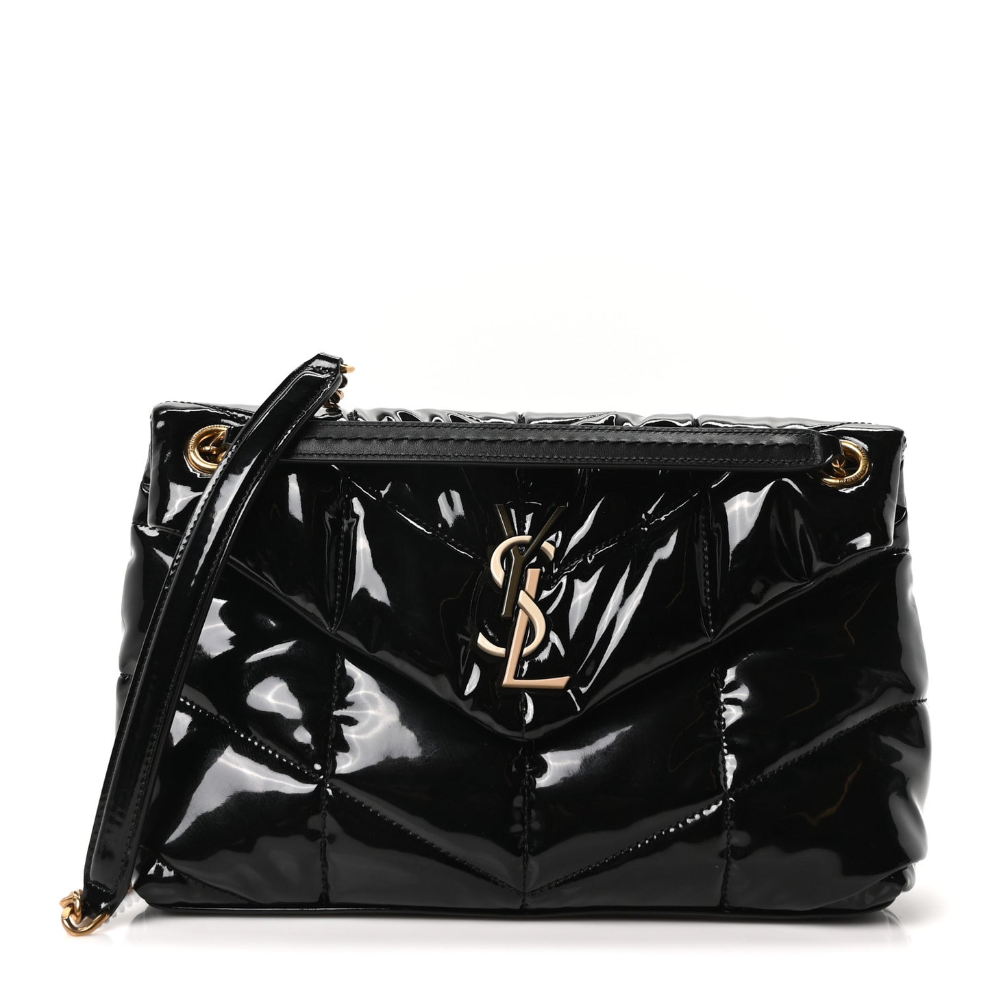 Patent Quilted Small Loulou Puffer Monogram Chain Satchel Black