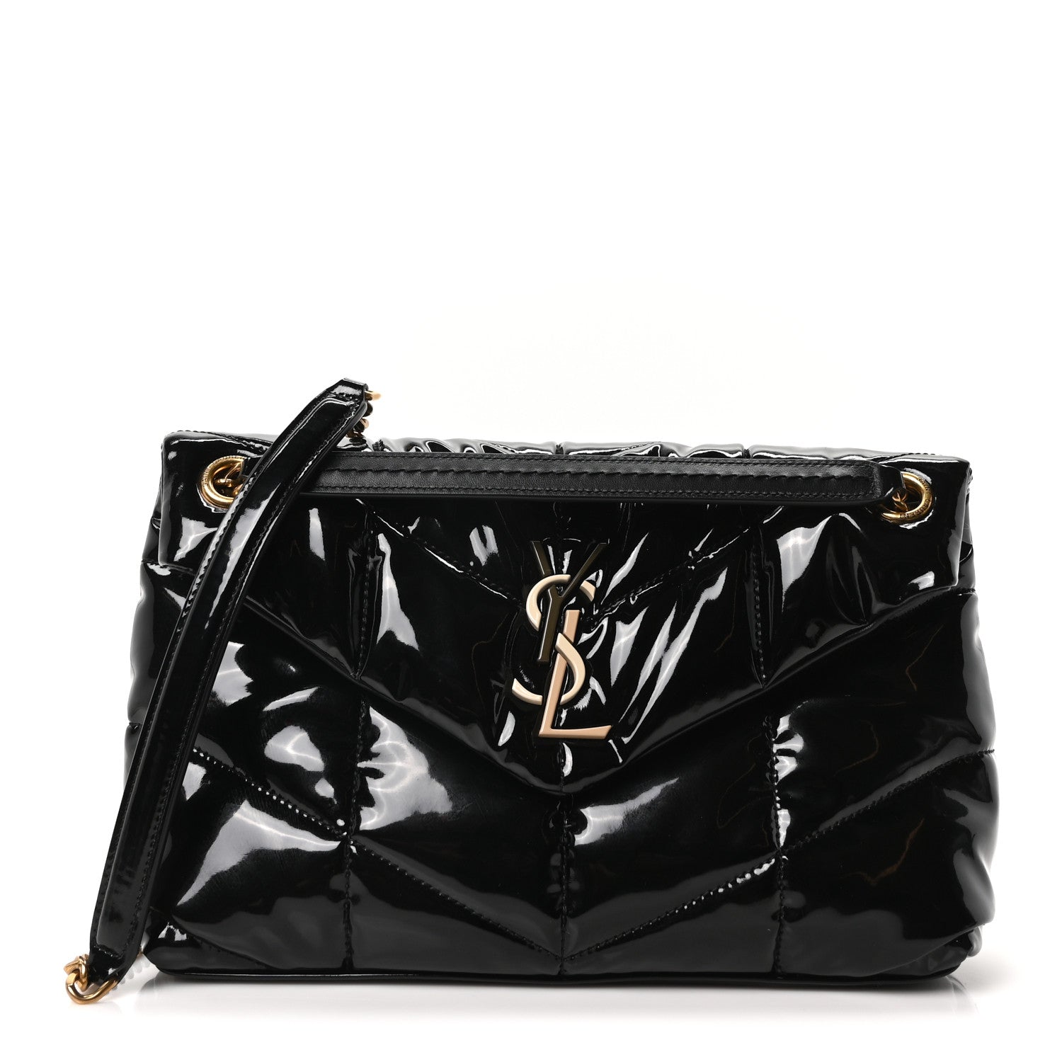 Saint Laurent Patent Quilted Small Loulou Puffer Monogram Chain Satchel Black 1 of 9