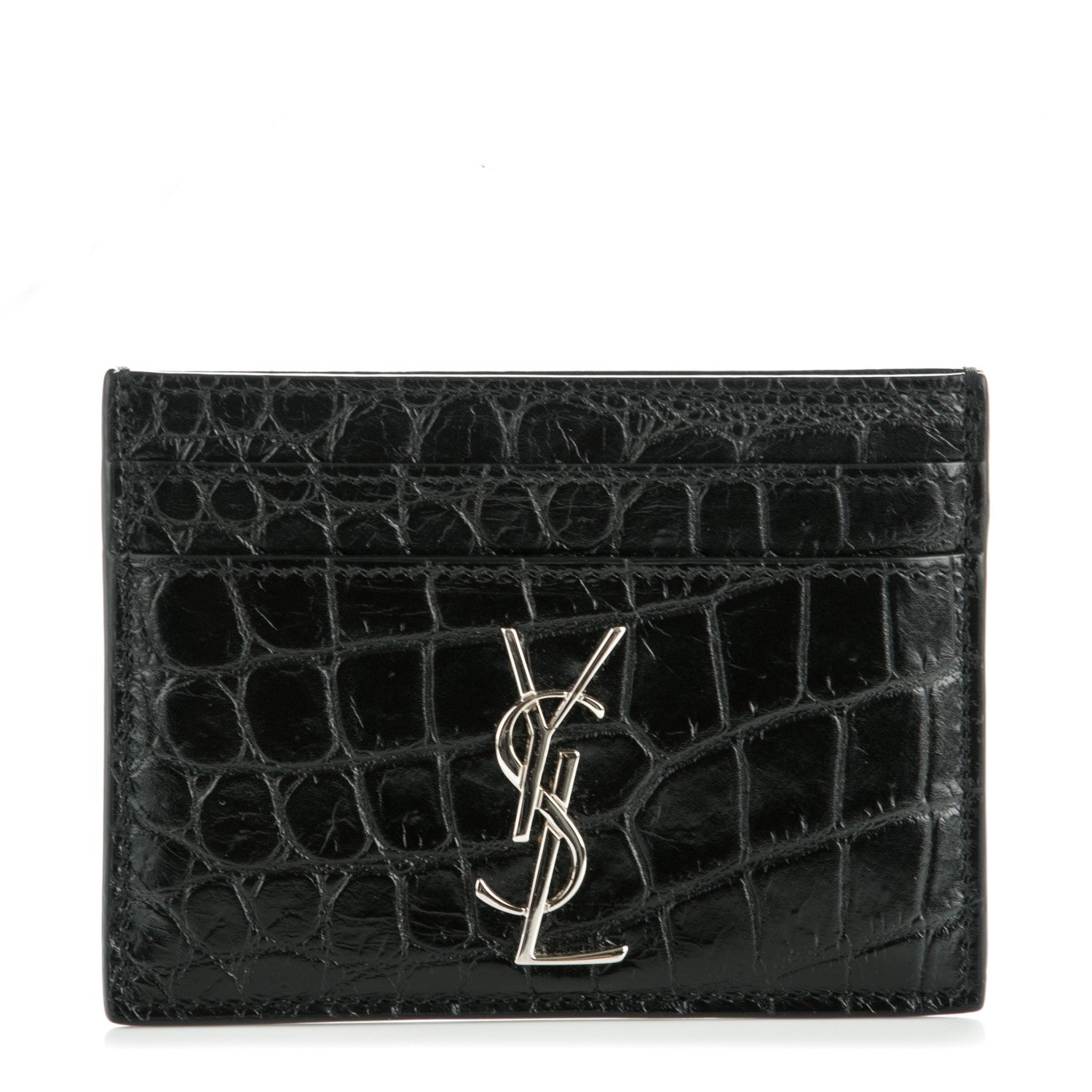 Saint Laurent Calfskin Crocodile Embossed Monogram Credit Card Case Black 1 of 7