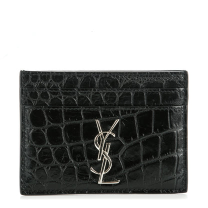 Saint Laurent Calfskin Crocodile Embossed Monogram Credit Card Case Black 1 of 7