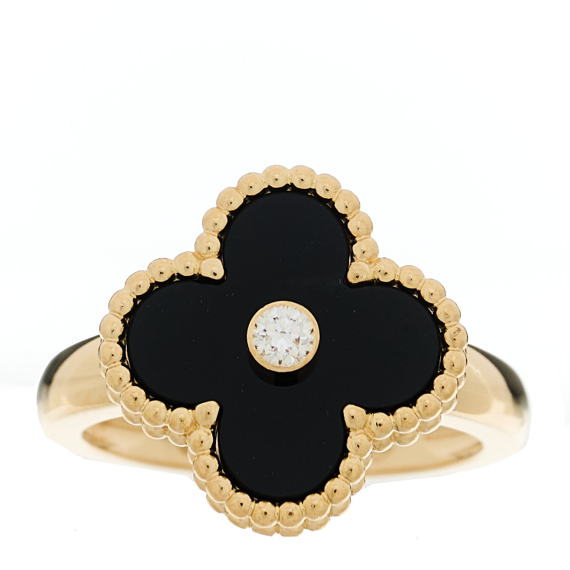 Van Cleef & Arpels 18K Yellow Gold Black Onyx Diamond Vintage Alhambra Ring 52 6 1 of 5