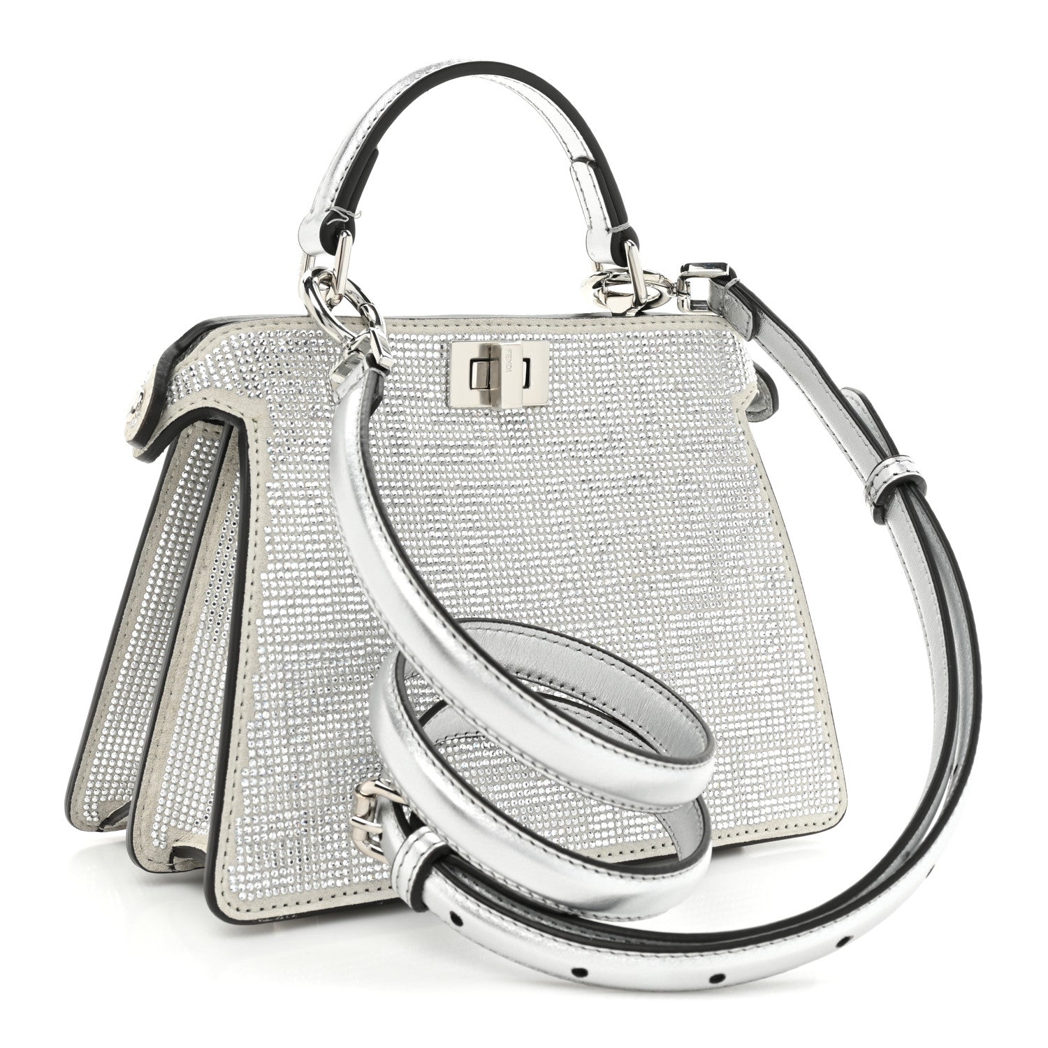 Fendi Crystal Vitello Laminato FF Petite Peekaboo I SEE U Satchel Crystal Argento 3 of 14
