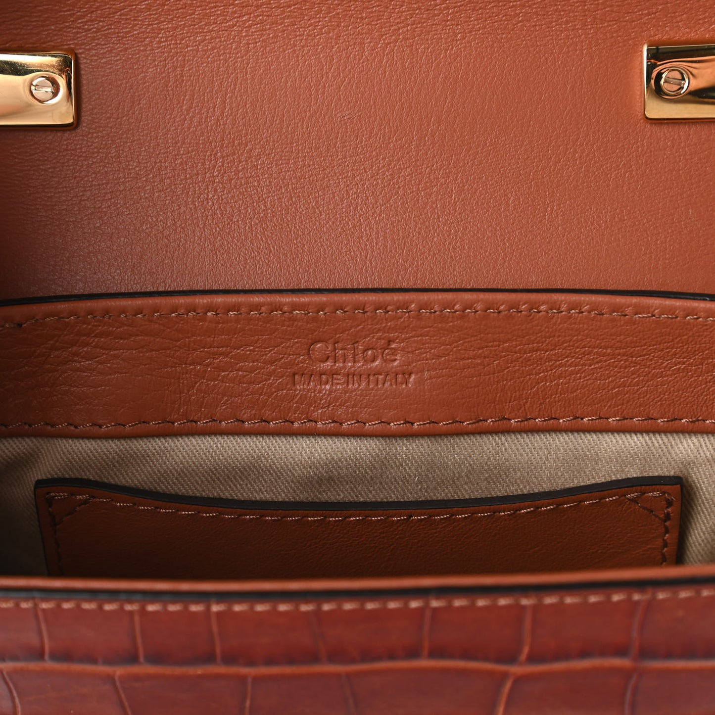 Calfskin Crocodile Embossed Mini C Double Carry Chestnut Brown