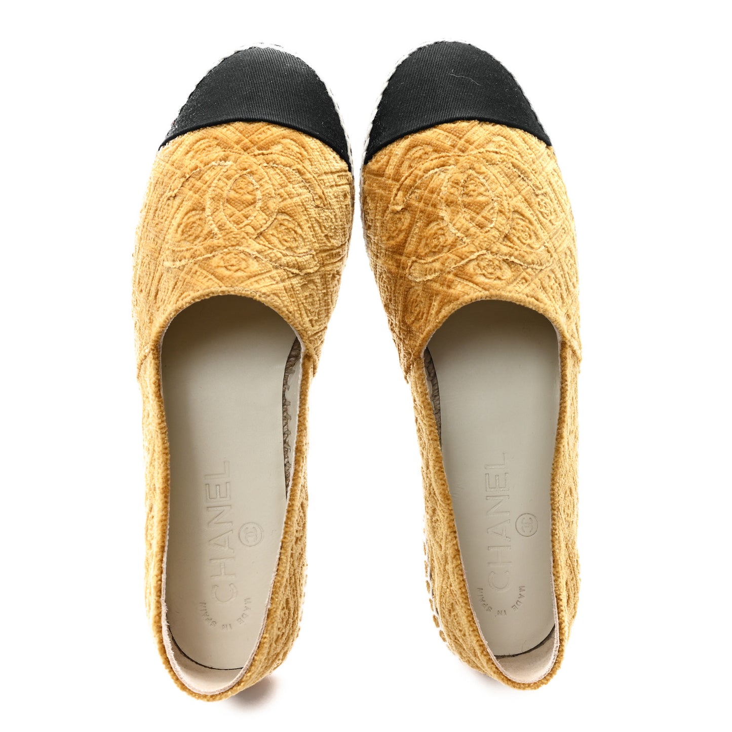 Velvet Grosgrain Quilted Camellia CC Espadrilles 38 Gold Black