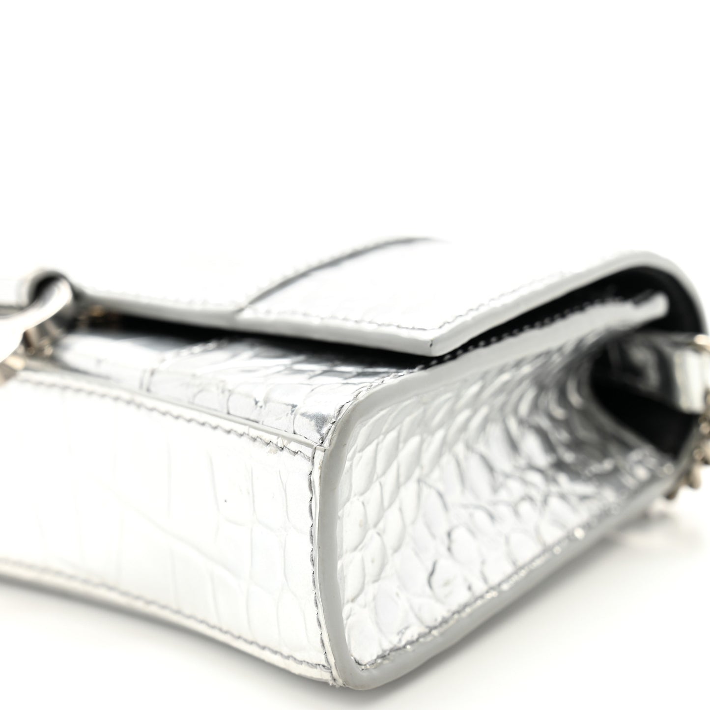 Metallic Calfskin Crocodile Embossed Hourglass Chain Bag Silver