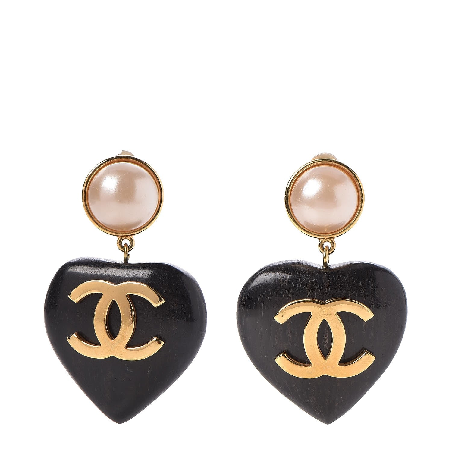 Chanel Wood Pearl CC Heart Drop Clip On Earrings Gold 1 of 5