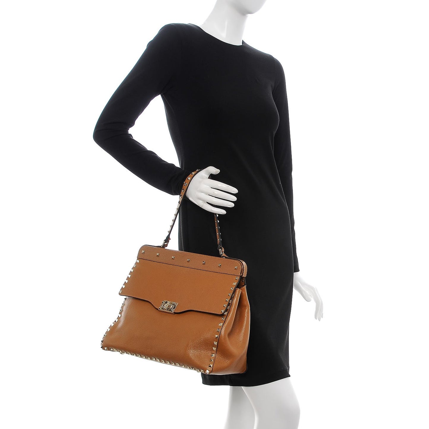 Textured Calfskin Rockstud Frame Handle Bag Tan