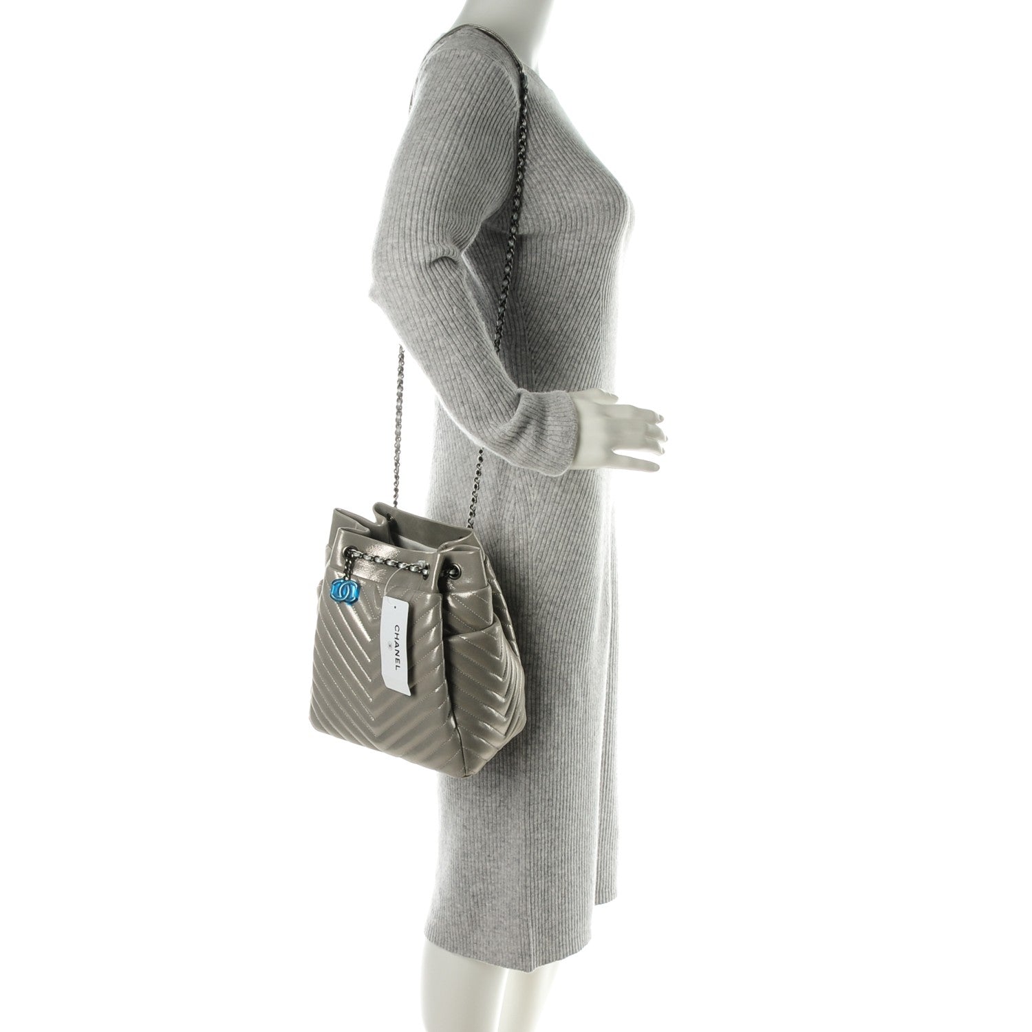 Chanel Iridescent Calfskin Chevron Small Urban Spirit Drawstring Bag Silver 2 of 7