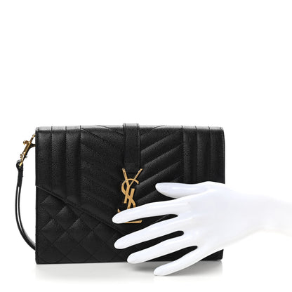Saint Laurent Grain De Poudre Textured Mixed Matelasse Triquilt Monogram Clutch Black 2 of 7