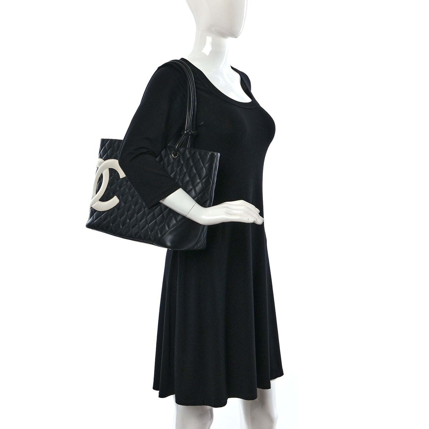 Calfskin Quilted Large Cambon Tote Black White