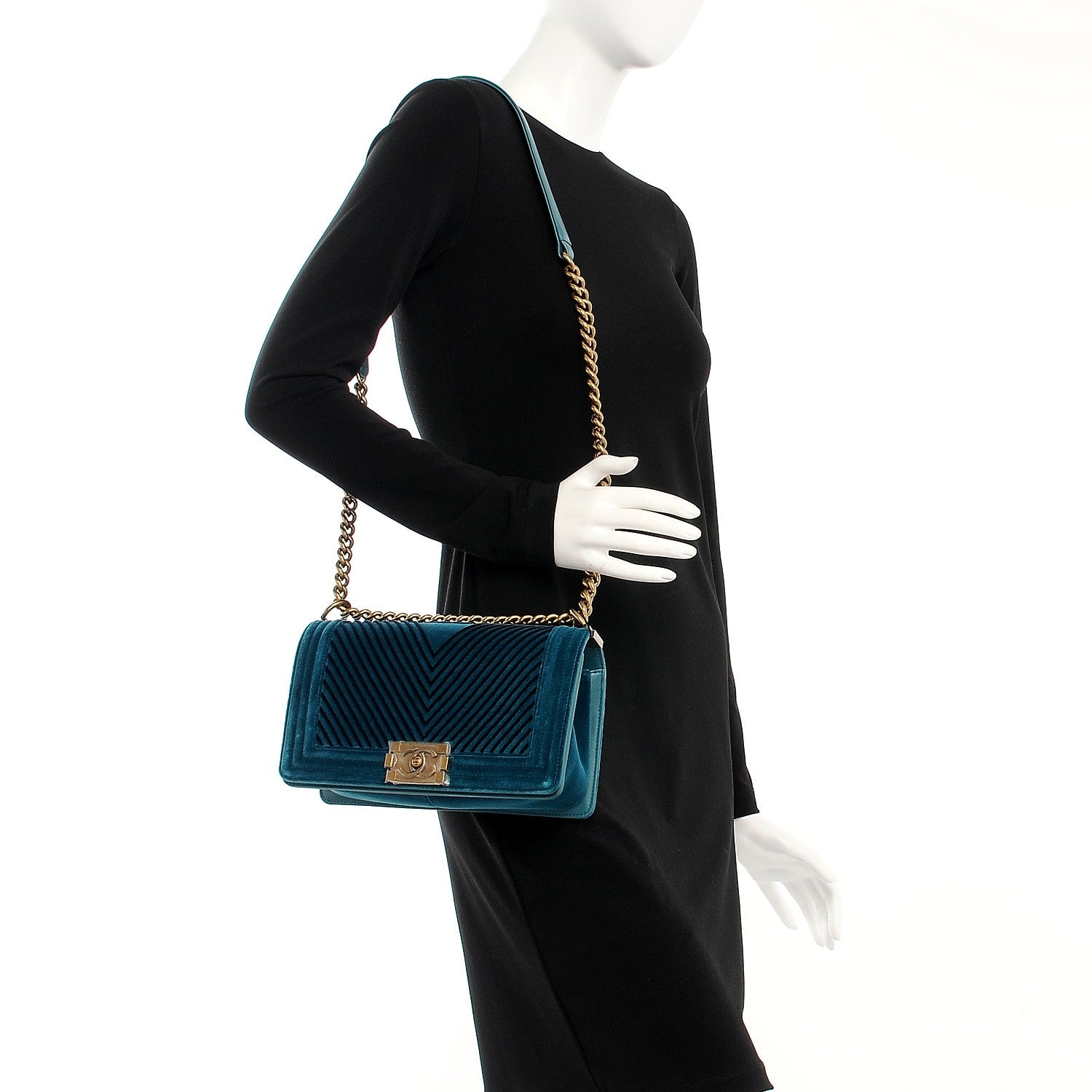 Chanel Velvet Chevron Quilted Medium Boy Flap Peacock Blue 2 of 9
