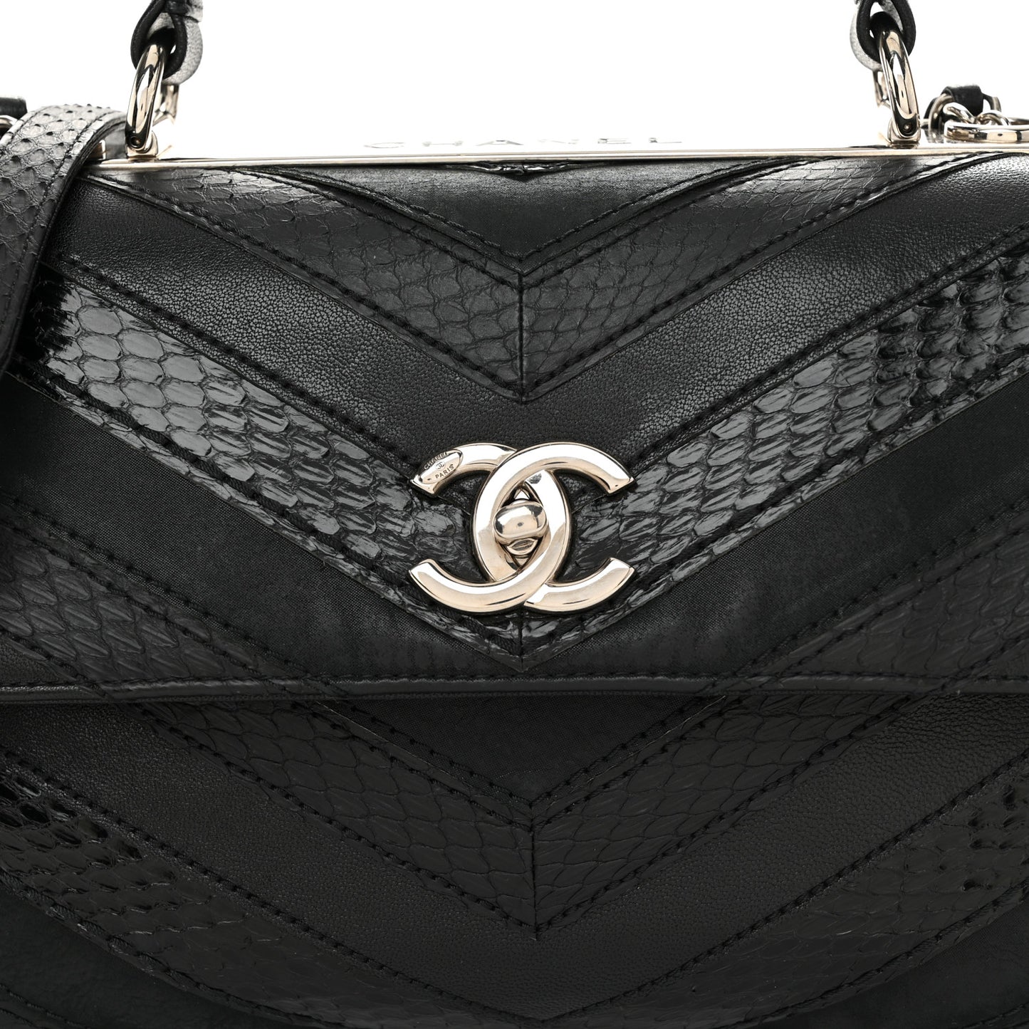 Calfskin Sheepskin Watersnake Chevron Quilted CC Small Trendy CC Dual Handle Flap Bag Black