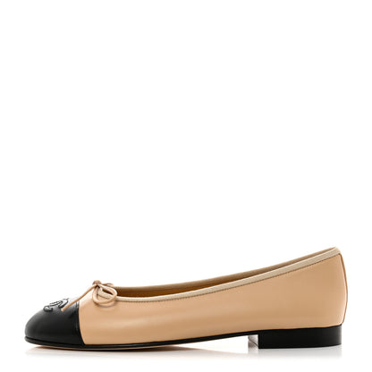 Chanel Lambskin Cap Toe CC Ballerina Flats 36.5 Beige Black 1 of 9