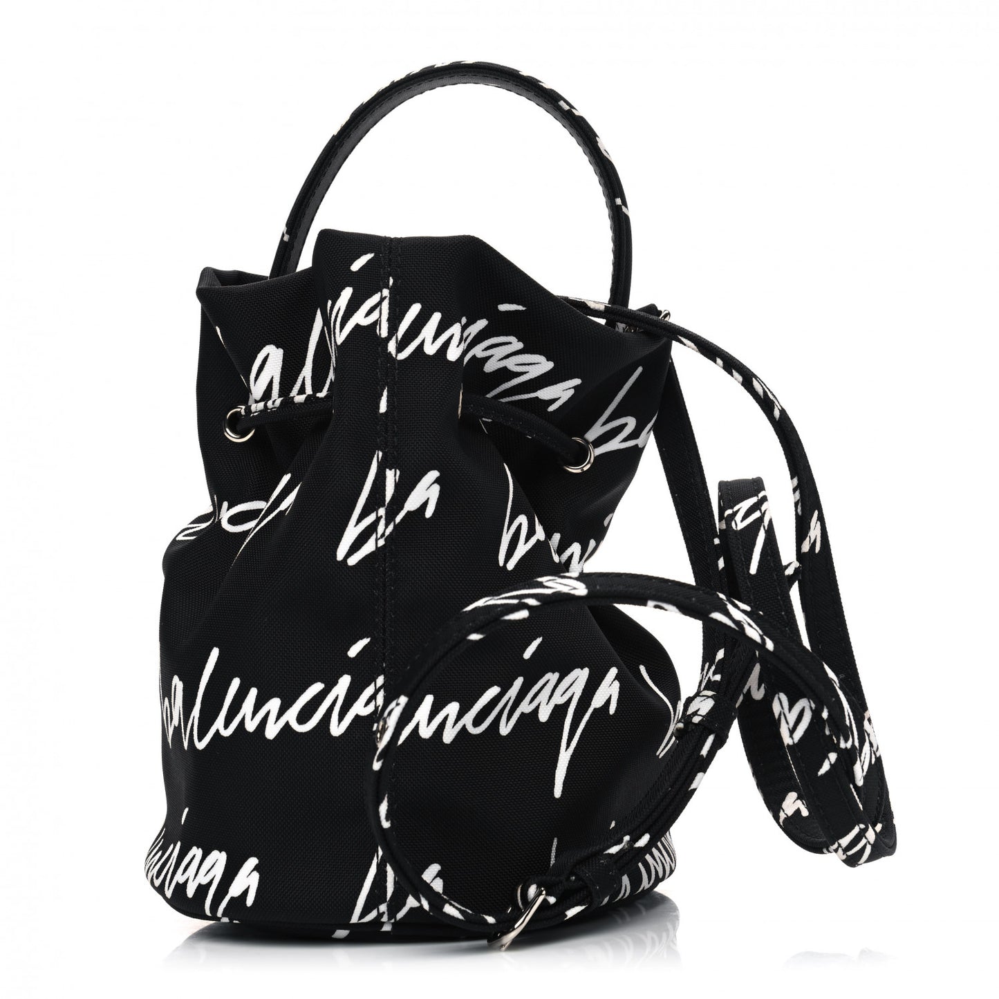 Recycled Sport Nylon Scribble Logo Embroidered Wheel Drawstring Bucket Bag XS Black White