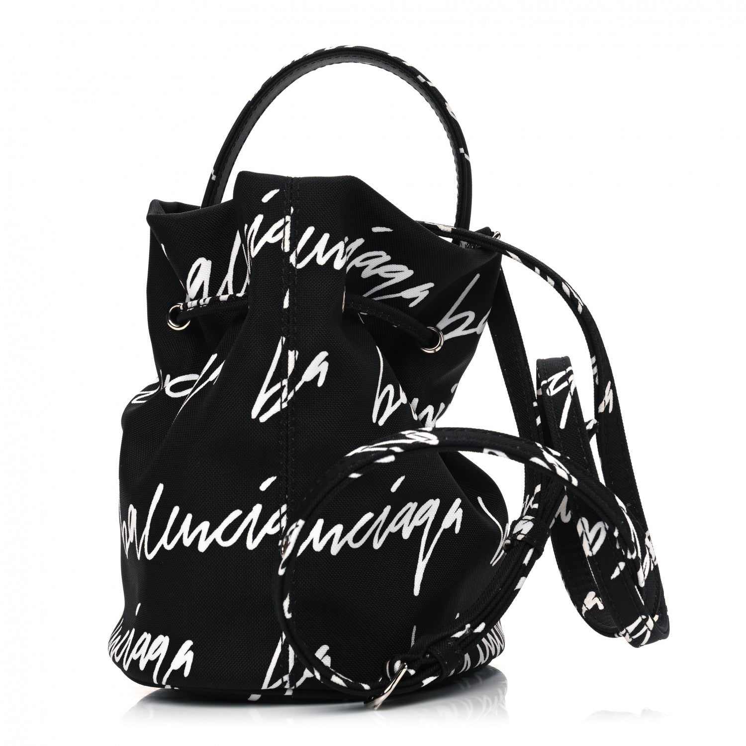 Balenciaga Recycled Sport Nylon Scribble Logo Embroidered Wheel Drawstring Bucket Bag XS Black White 2 of 4