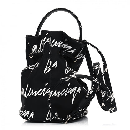 Balenciaga Recycled Sport Nylon Scribble Logo Embroidered Wheel Drawstring Bucket Bag XS Black White 2 of 4