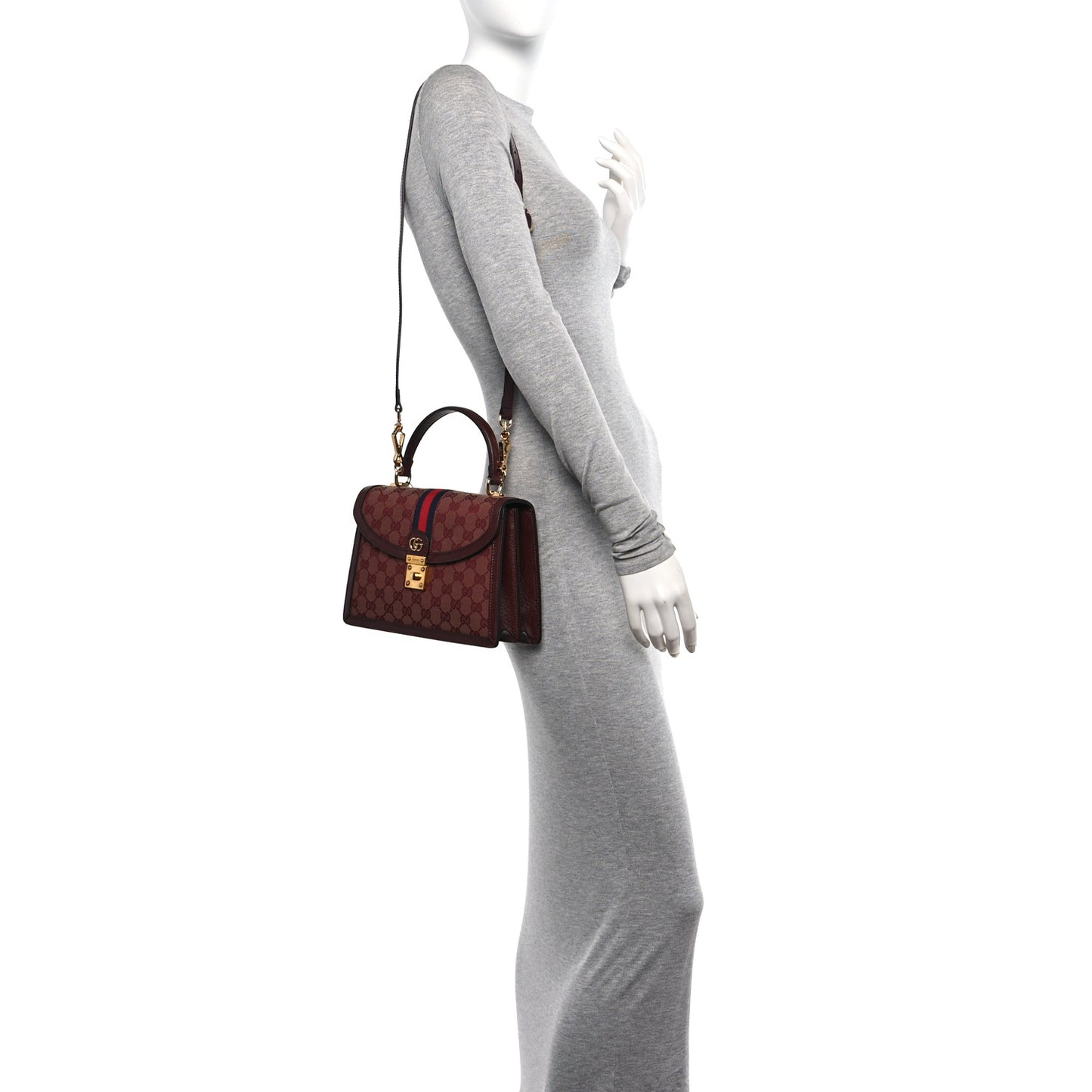 GG Supreme Monogram Textured Dollar Calfskin Web Small Ophidia Padlock Top Handle Bag Bordeaux