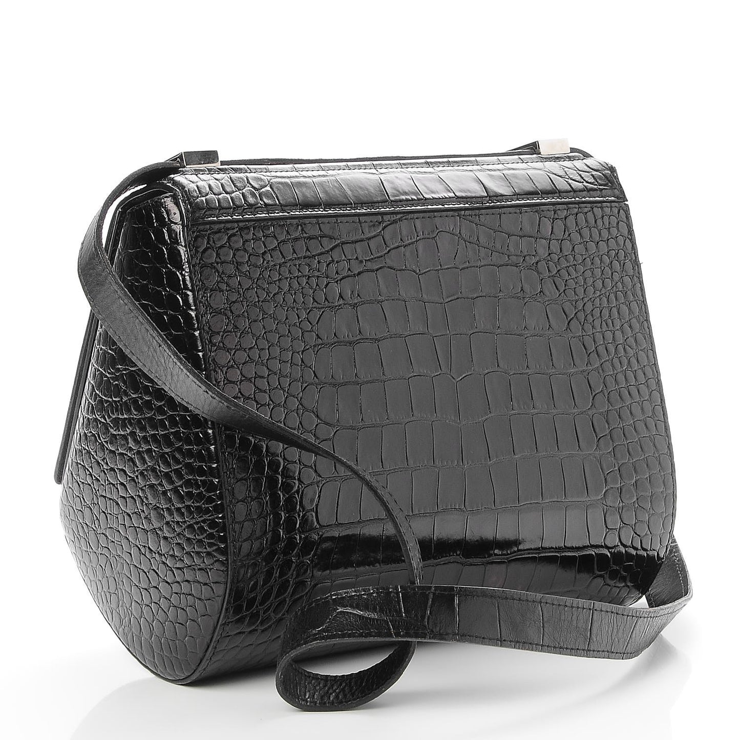Calfskin Crocodile Embossed Medium Pandora Box Crossbody Bag Black